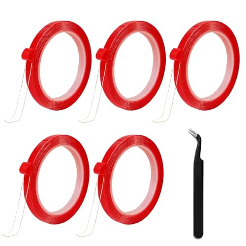 GUXACU 5 Rolls Double Sided Tape Nail Tape for Press On Nails Double Sided Nail Tape for Nail Packaging Fake Nail Storage Nail Display Nail Art Nail Salon Press On Nail Supplies with Tweezer