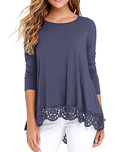 QIXING Women s Tops Long Sleeve Lace Trim O-Neck A Line Tunic Blouse Purple Gray-X-Large