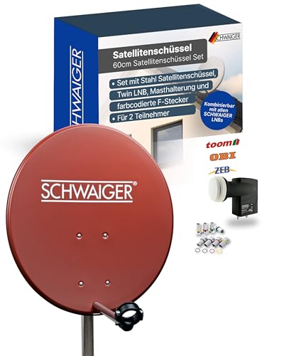 SCHWAIGER Satellitenschüssel Komplettset - Ø 60 cm Stahl Offset Antenne in Rot - Inkl. sonnengeschütztes Twin LNB - Digital HD & 4K Empfang - Hitzebeständig & wetterfest SCHWAIGER Satellitenschüssel Komplettset - Ø 60 cm Stahl Offset Antenne in Rot - Inkl. sonnengeschütztes Twin LNB - Digital HD & 4K Empfang - Hitzebeständig & wetterfest