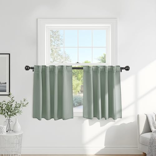 PONY DANCE Small Blackout Curtains for Kitchen Windows, Short Drapes for Bathroom, Thermal Insulated Window Curtains Tiers for Basement, W 29 x L 36, Sage Green,2 PCS