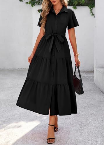 Image of KIRUNDO Summer Button Down Wedding Guest Shirt Dresses for Women Maxi Flutter Short Sleeve Flowy Tiered Beach Sun Dress