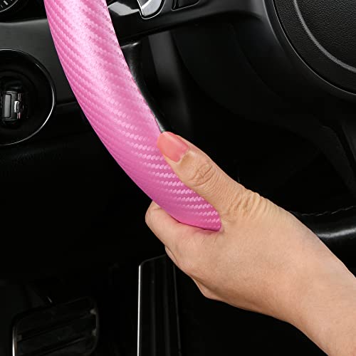 Car Pass Carbon Fiber Steering Wheel Cover, Segmented Wheel Protector Non-Slip Sporty Car Accessories, Universal Fit For D-Shape O-Shape 14.5" To 16" Steering Wheels For Men Women, 2Pcs Pink Carbon #TOP2