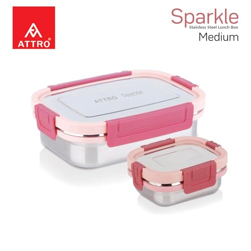 Image of ATTRO Sparkle Medium Stainless Steel Lunch Box 2-Piece Set - 800ml + 150ml - Leak-Proof, BPA-Free, Compact & Durable - Ideal for Kids, Office, Travel - Peach