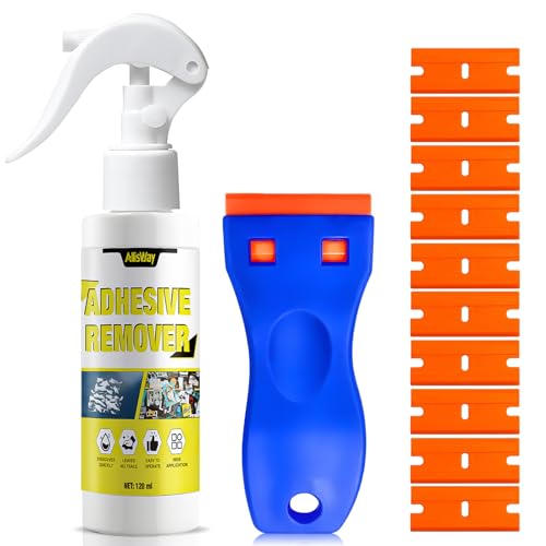 Allisway Etikettenentferner,Klebstoffentferner,Klebereste Entferner Löst Sich Schnell auf und Entfernt Effektiv Hartnäckige Flecken wie Etiketten,120 ml + 1 Schaber und 10 Kunststoffklingen