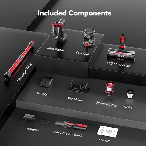 Image of Comvtu Cordless Vacuum Cleaner Rechargeable with 2600mAh Detachable Battery, Powerful Vacuums with 2 Adjustable Modes, Lightweight Portable Stick Vacuum for Home (Red Gray)