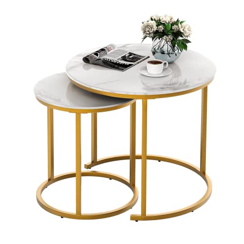 IDEALHOUSE Round Coffee Table Set of 2, Modern Accent Marble Texture Coffee Tables for Living Room, Nesting Table for Reception Room and Office Room (Gold) IDEALHOUSE Round Coffee Table Set of 2, Modern Accent Marble Texture Coffee Tables for Living Room, Nesting Table for Reception Room and Office Room (Gold)