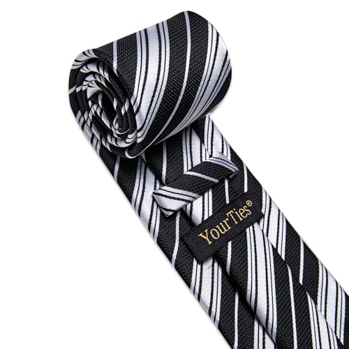 Image of YourTies Black White Ties for Men Striped Tie Woven Silk Necktie Handkerchief Cufflink Set Formal Business Party Wedding