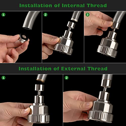 Faucet Sprayer Attachment, Big Angle Swivel Kitchen Faucet Aerator,Sink Faucet Head Replacement, 5 Spray Models, 55/64-27Uns Famale Thread, Male Thread Adapter Included, Brushed Nickel #TOP6