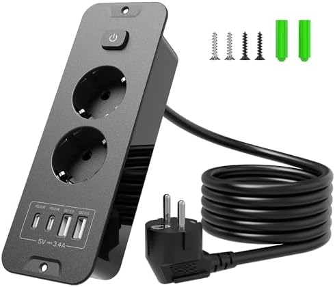 Inhwatek Steckdosenleiste mit USB (PD 20W), 2-Fach Einbausteckdose, 6-in-1 Versenkbare Steckdose Tischsteckdose, Mehrfachsteckdose mit 2M Kabel Für Küche Büro Arbeitsplatte, 16A/36