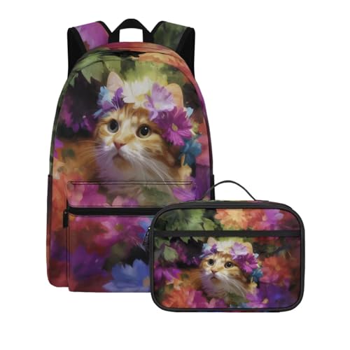 Fairy Kitten Print Kids Backpack Set with Animal Design Lightweight Large Capacity School Bookbag with Lunch Box for Teens