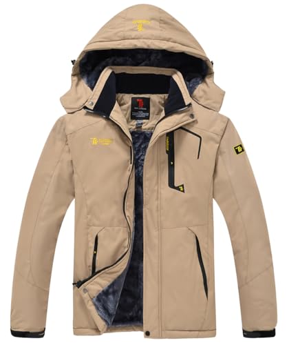 donhobo Men's Fleece Jacket Winter Waterproof Warm Ski Jackets Windproof Coat with Zip Pockets Hood(Khaki,XL)