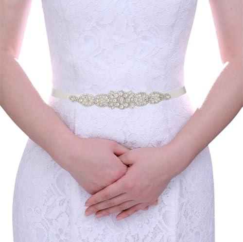 Urieo Rhinestone Wedding Belt Crystal Bridal Belts with Beige Ribbon Pearl Bride Bridesmaid Dress Sash Belts for Women