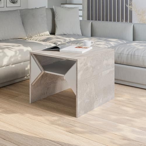 PROROOM FURNITURE Quadratischer Couchtisch TUFFLE MINI mit Stauraum 60x60 cm Kleiner Wohnzimmertisch Betonoptik Weiß Hochglanz