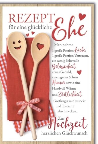 Hochzeitskarte für Paare Romantisch - Humorvoll - Rezept für Ehe mit Holzlöffeln und Herz-Design...
