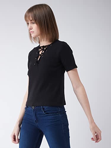 Image of Miss Chase Women's Cotton Slim Fit V Neck Criss-Cross Tie Up Top