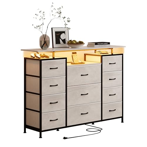 LUMTOK 11 Drawers Dresser with Fabric Drawers,Charging Station, LED Lights