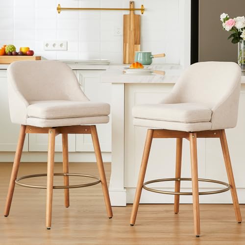 Image of kinmars Modern Bar Stools Set of 2,Swivel Counter Height Bar Stools with Soft Upholstered Back,Thick Seat,Wooden Legs, 27 inch Counter Stools for Kitchen Island (Sand, 2 Pieces - 27 inch Counter Height)