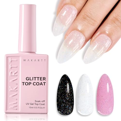 Makartt Glitter Gel Top Coat: 2 in 1 No Wipe Clear Top Coat & Glitter Shiny Effect Gel Nail Polish 15ml Soak Off UV LED Lamp Needed Home DIY Gift Women