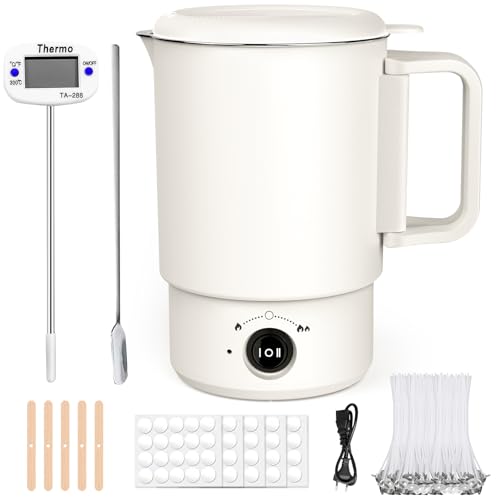 NAUQUOHZ Elektrischer Wachsschmelzer für Kerzenherstellung Kerzen Selber Machen Set mit 800ML Wachsschmelztopf Thermometer Kerzendochte Kerzen Aufkleber Dochthalter & Rührlöffel
