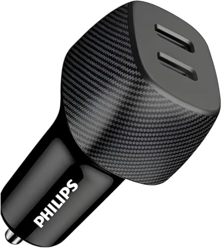 Philips 60W Dual Port USB-C Car Charger Fast Charging Adapter with Smart Protection Simultaneous Charging for Phones & Tablets 20V Universal Car Charger DLP5522C Black