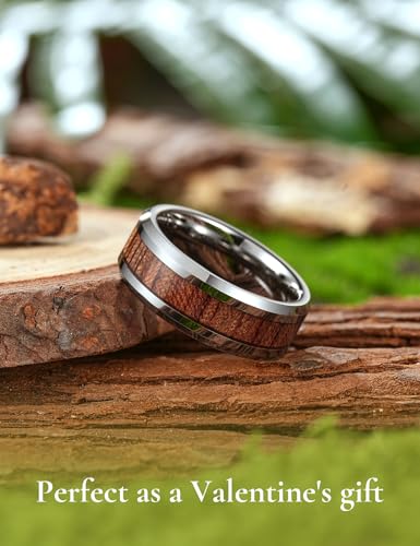 Image of King Will Nature Koa Wood Inlay Tungsten Carbide Wedding Ring 8mm Silver /Black /Gold /Green /Rose Gold /Blue Wedding Band for Men High Polished Anniversary Rings Comfort Fit Size 6-15