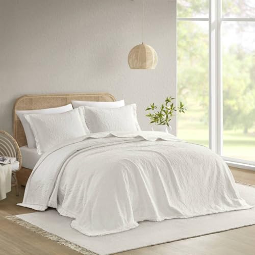 3PCS Queen Bedspread Set - Polyester White - Floral Elegance