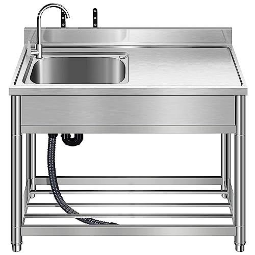 Lavello da cucina commerciale autoportante in acciaio inox a vasca singola, lavello da esterno con tubo dell'acqua fredda per lavaggio a mano, lavabo con banco da lavoro e ripiani portaoggetti, 100 cm
