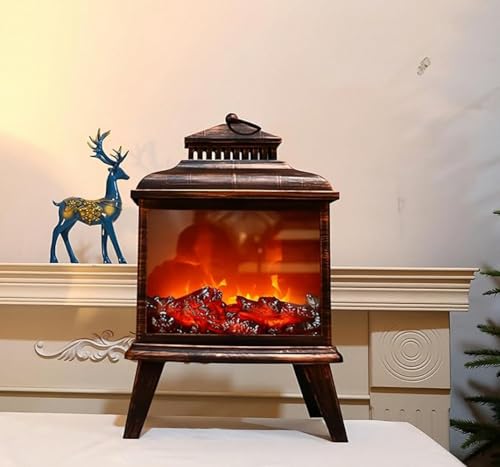 Image of Small Cozy Fireplace Lantern Traditional Realistic Log Wood Burning Flame Effect Ligh LED Charcoal Style Table LampFor Indoor & Outdoor Use