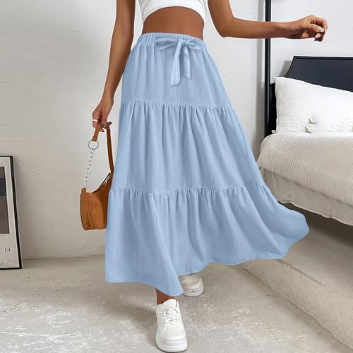 Women’s Boho Flowy Dress Maxi Long Skirt Elastic High Waist Pleated A-Line Resort Wear Swing Asymmetric Bow4