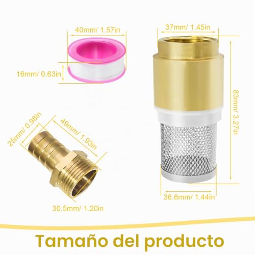 Miniatura 2 de Srjqxh Valvula Antiretorno Agua, 1 Válvula De Pie Con Válvula De Retención, Filtro Acero Inox, Latón Válvula De Retención, Con Conexión Macho 1 Y Cinta Sin Procesar, Para Tubo Succión, Bomba