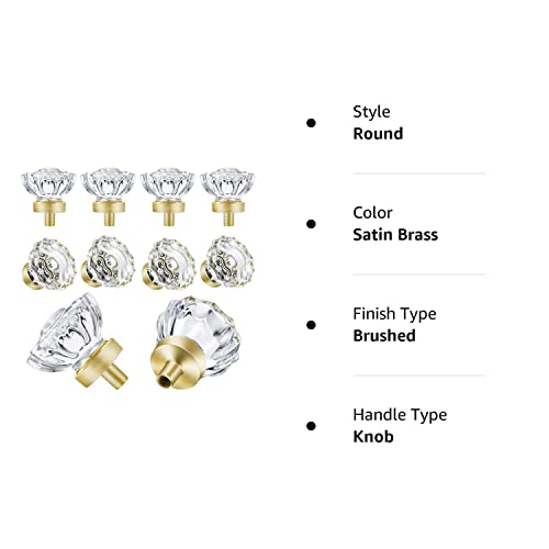 Shiny Handles 8 Pack Satin Brass Knobs For Cabinet, Crystal Gold Cabinet Knobs Vintage , Glass Knobs And Pulls For Dresser Drawer, Kitchen Bathroom #TOP7