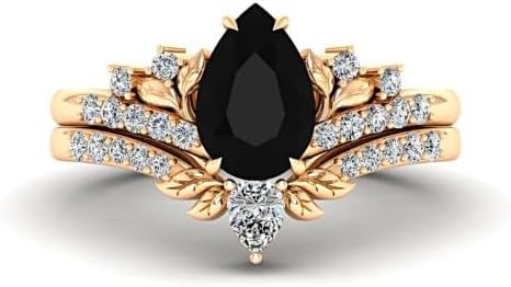 Black Gold Pear Shaped Engagement Ring Set Women, Leaf Shaped Nature Inspired Gothic Black Metal Ring, Wedding Bridal Rings