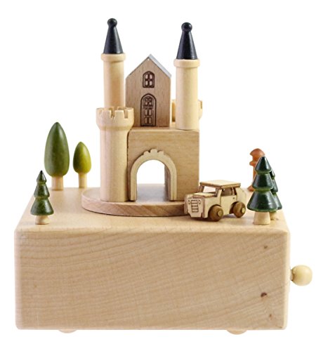 Delightful Quality Wooden Musical Box Featuring European Castle with Small, Moving Magnetic Car | Plays 