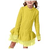 [YUWYOP] 女の子 ワンピースドレス キッズ服 子供 長袖 無地 フリル ニット プリンセスドレス 暖かい ミニ セータードレス子供服 可愛い ウールドレス カジュアル かわいい パーティー スカート 結婚式 通園 学園祭 演劇 発表会クリスマスドレス