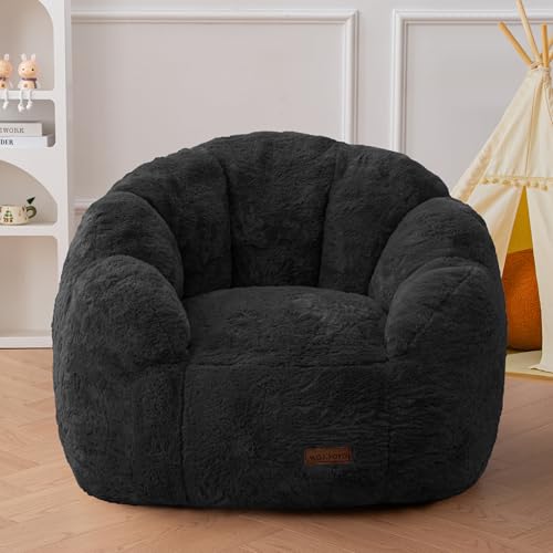 Image of MAXYOYO Kids Bean Bag Chair, Floral Shaped Bean Bag Sofa, Plush Faux Fur Toddler Couch with Petal Backrest for Boys Girls, Stuffed Cozy Sofa for Nursery, Bedroom, Black
