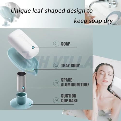 Image of Self Draining Soap Holder with Suction Base - Pack of 2 (Multi-Color) | Waterproof Leaf Shape Soap Dish Stand for Bathroom & Kitchen