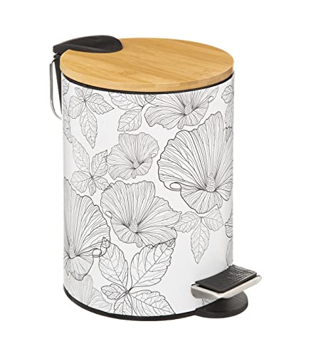 Five Poubelle de Salle de Bain à pédale 3L décoration Florale Black & White Couvercle en Bois Cover