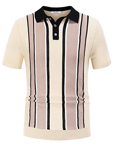 Turetrendy Mens Polo Shirts Striped Knitting Stretch Golf Lightweight Tee Shirts Beige M #TOP5