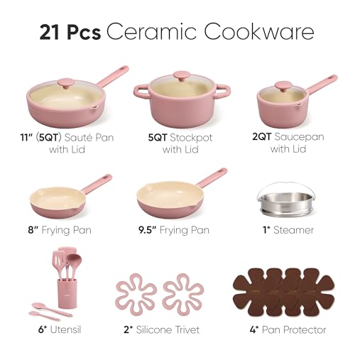 Image of CAROTE 21pcs Cookware Set Nonstick Pots and Pans Set, Ceramic Cookware Set Induction Cookware, Non toxic Healthy Non Stick Kitchen Cooking Set, PFAS PTFE Free