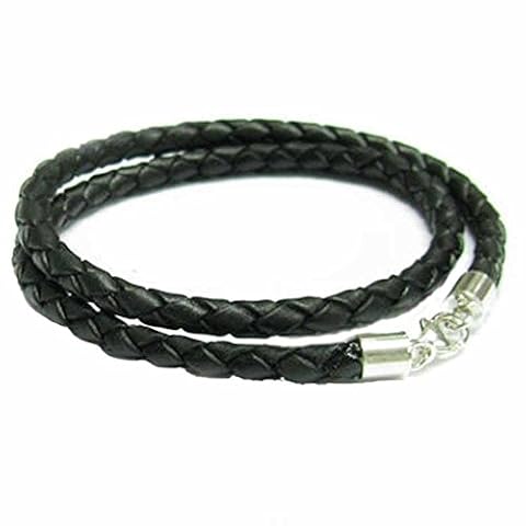 Queenberry Srebro wysokiej próby czarne bolo pleciona skóra 3 mm sznurek choker naszyjnik do europejskich koralików charms, Skóra, Bez kamienia