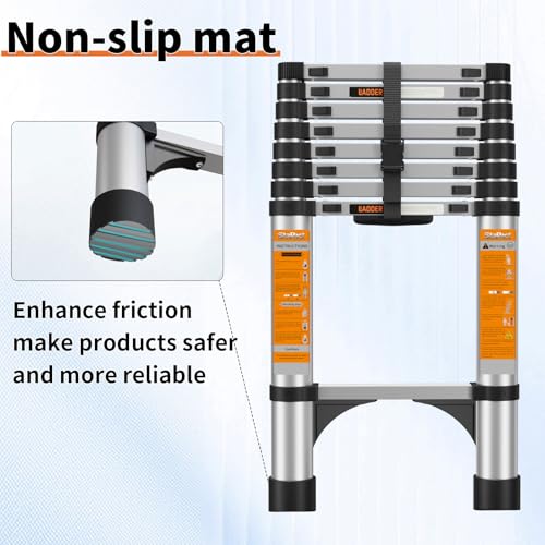 Telescoping Ladder, Aluminum Alloy Extension Ladder with 2 Triangle Stabilizers, Heavy Duty 330 lb Capacity Telescopic Ladder for Home, Roof, RV (12.5FT/3.8M) — view 4
