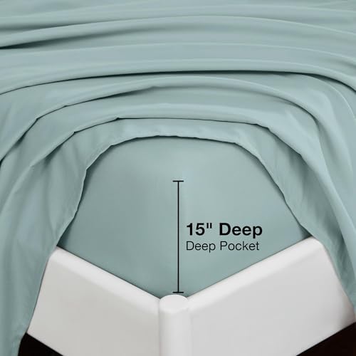 Image of Softan Microfiber King Sheet Set with Non-Slip Straps, Dusty Blue | 15 inch Deep Pocket Fitted Bed Sheets, Double Brushed Microfiber, Cozy Sheets & Pillowcase for All Season