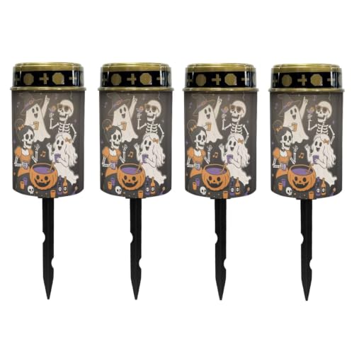 Image of Poceacles Solar Powered Outdoor Lights Cemetery Solar Memorial Lights Outdoor Waterproof Landscape Candles for Yard Patio Lawn Home Halloween Decor, Ghost Pumpkin Skull Musical Note, Pack of 4