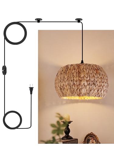 bomiel Plug in Rattan Pendant Light, 12.6" Handwoven Water Hyacinth Drum Shade, 15ft Cord with Rotary Switch, E26 Hanging Light for Bedroom, Living Room, Entryway