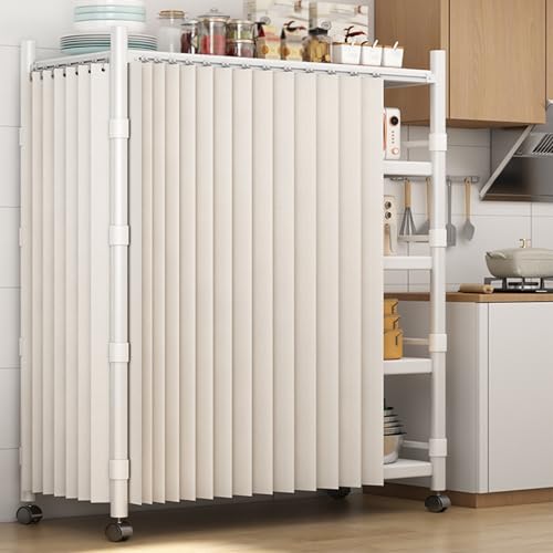 Cortina de cocina para debajo del fregadero, fácil instalación sin taladro, cortinas cortas plegables para armario y almacenamiento, color beige, 150 x 180 cm, solución elegante y funcional