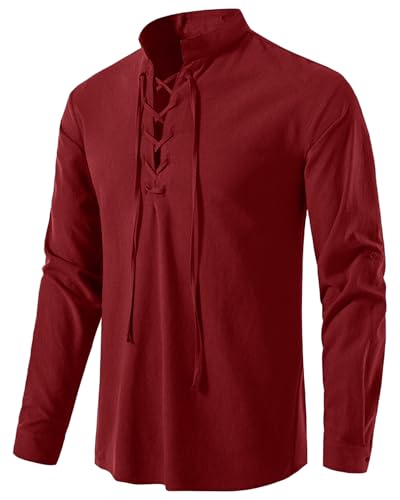 YAOHUOLE Mittelalter Leinenhemd Herren Piratenkostüm Herren Indische Kleidung Weinrot M
