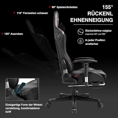 GTPLAYER Gaming Stuhl Gamer Stuhl mit Fußstütze Bluetooth Lautsprecher Ergonomischer Bürostuhl Computerstuhl Schreibtischstuhl PC Stuhl mit verstellbare Rückenlehne 150 kg Belastbarkeit schwarz