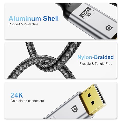 Image of DisplayPort 1.2 Cable 6.6FT, 4K@60Hz, 2K@240Hz /165Hz /144Hz [1 Pack] | DisplayPort Cable 21.6Gbps for HDR HDCP 2.2, FreeSync G-Sync, Braided DP Cable for Gaming Monitor PC Laptop GPU