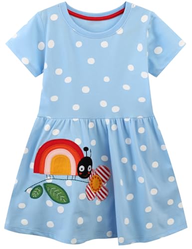 FreeLu Toddler Girl Clothes Cartoon Dress Casual Short Sleeves Dresses Cotton T-Shirt(5T,Rainbow Flower)