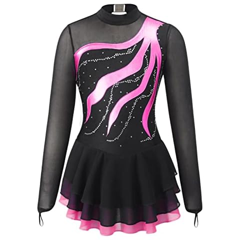 iEFiEL Mädchen Eiskunstlauf Kleider Langarm Glitzer Ballettkleid Swing Kleid Schaukel Tanzkleid Turnanzug Kinder Tanzkostüme Za Rosa 128 Cover